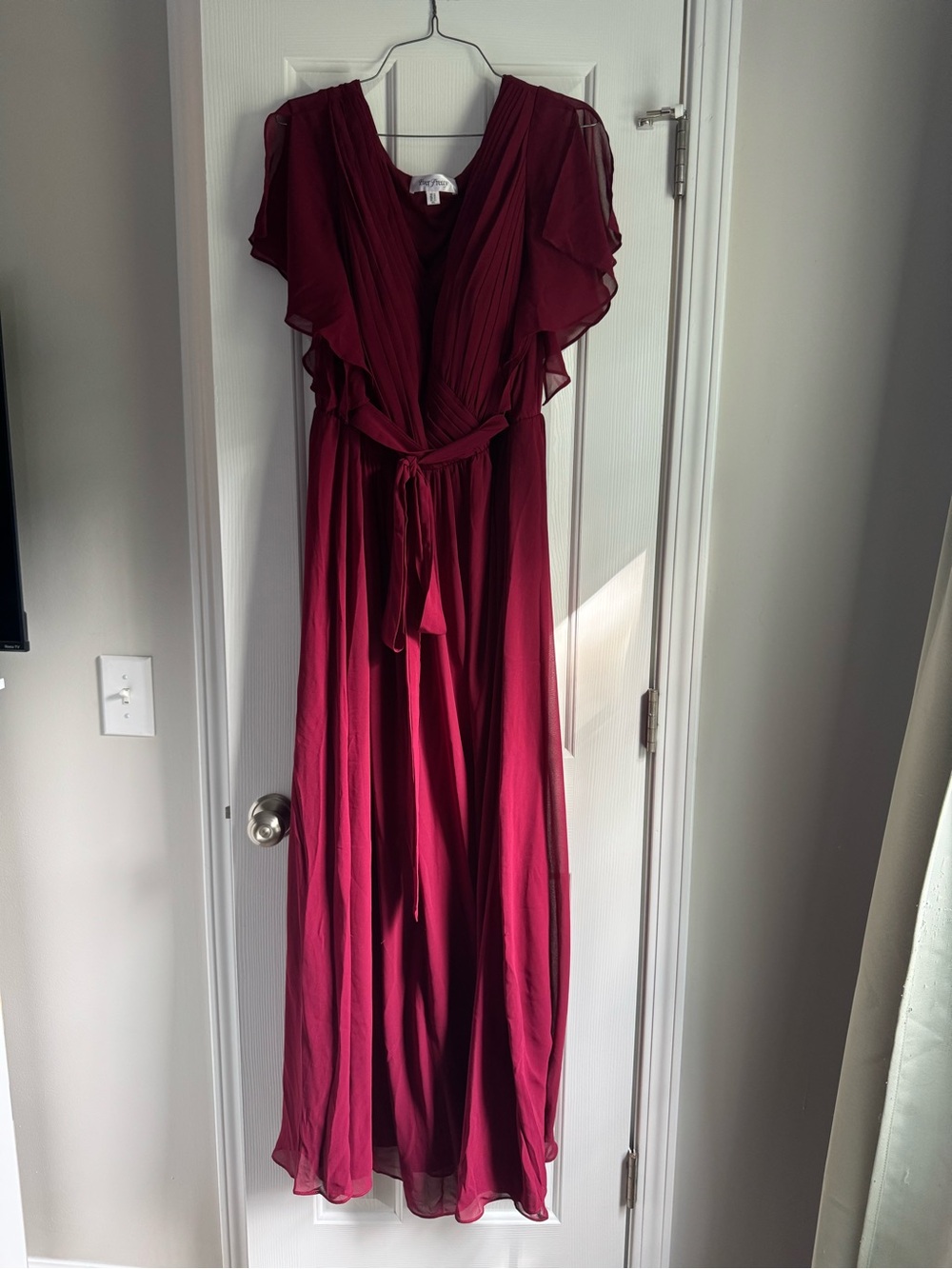 Ever Pretty Burgundy Maxi Dress with Flutter Sleeves and Tie Waist